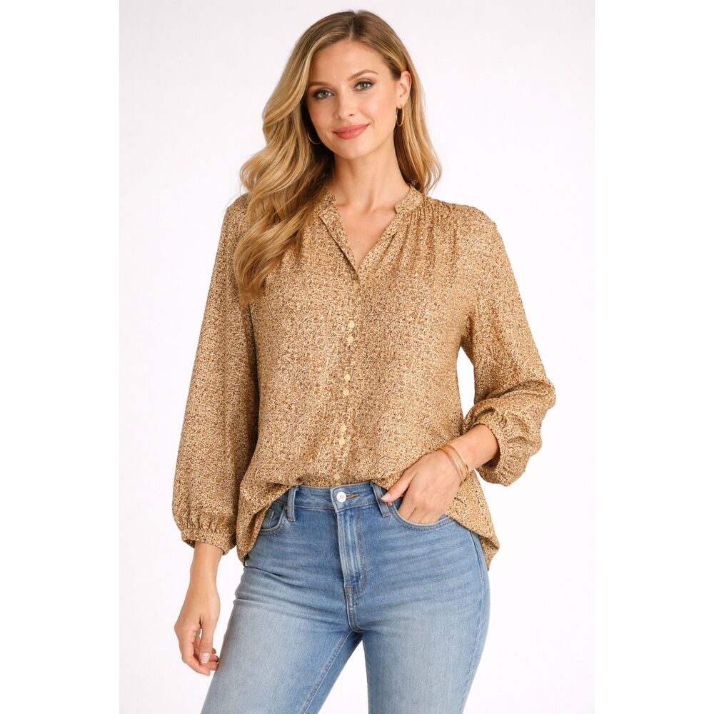 Hinge Floral Long Sleeve Button Down Blouse Yellow L